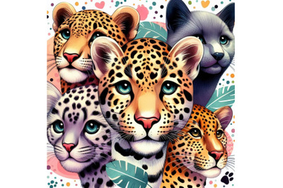 Cute leopard, cheetah, jaguar muzzles graphic background. Cr