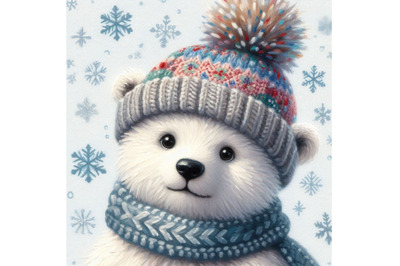 Cute polar bear in a knitted hat with snowflake  background