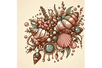 Hand drawn illustration with jewelry of sea shell and be