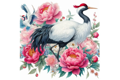 Hand painted watercolor peonies and crane birds