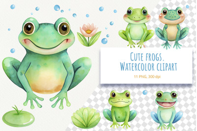 Cute Frogs. Watercolor Cliparts