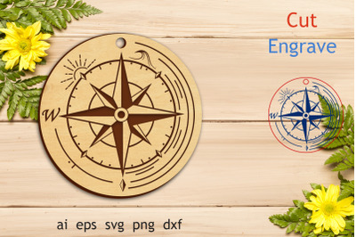 Engraved keychain with compass svg laser cut, Glowforge file