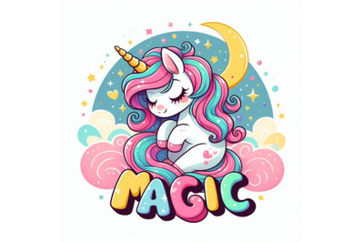 Lovely unicorn in cartoon style. Magic, lettering