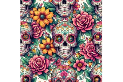 Mexican sugar skull among the flowers seamless pattern