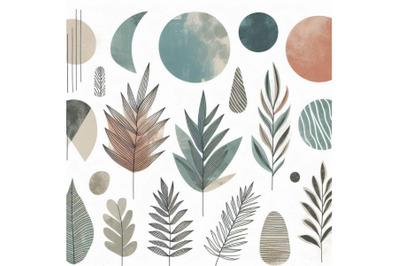 Minimal shapes, doodle, tropical leaves, watercolor, grunge tex