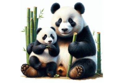 Pandas. Asia cute panda family and bamboo