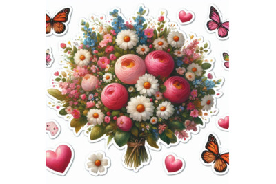 Stickers Mothers Day. Banner with hearts&2C; flowers and butterflies