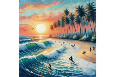 Summer&2C; sunset&2C; palms&2C; surfing&2C; sea waves