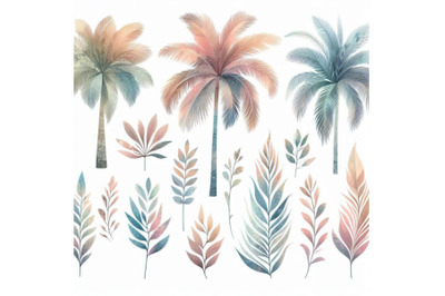 Abstract watercolor palm trees and leaves set