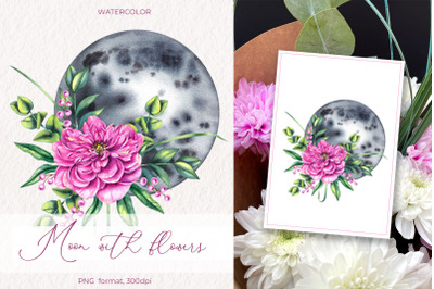 Watercolor Moon with flowers PNG