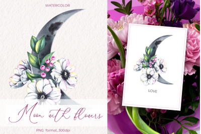 Watercolor Moon with flowers PNG