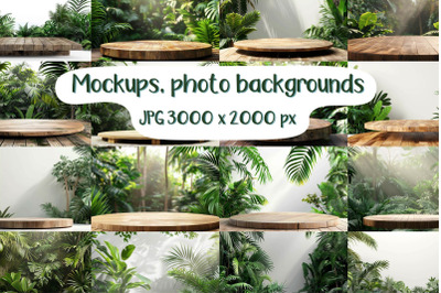 Jungle and wooden podium mockups&2C; photo backgrounds