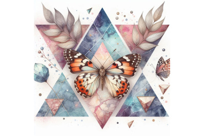 Watercolor triangles with butterfly and marble grunge textures