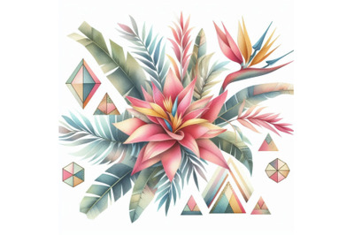 Watercolor tropical floral geometric shapes isolate