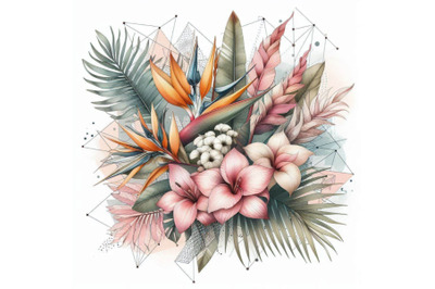 Watercolor tropical flowers on geometric backgrou