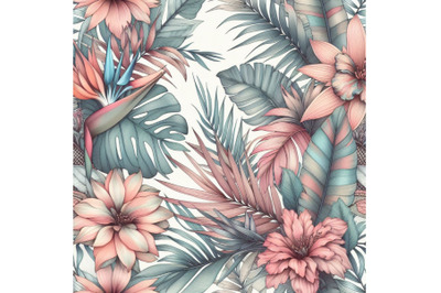 Watercolor tropical leaves and flowers with contou