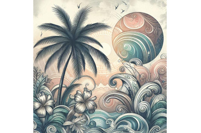 Art illustration with palm tree, doodle and marb