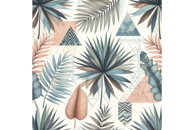 Watercolor tropical leaves and palm trees in geometric shapes