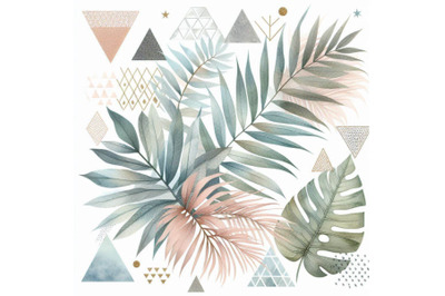 Watercolor tropical leaves and textured triangles b