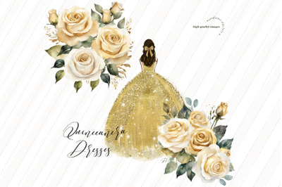 Gold Princess Dress Quinceanera Clipart&2C; White Gold Flowers