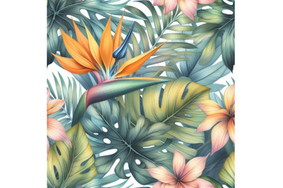 Watercolor tropical seamless pattern with bird-of-paradise flo