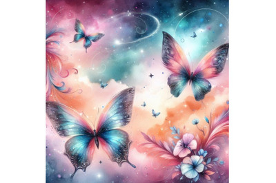 Beautiful watercolor butterflies on galaxy bac