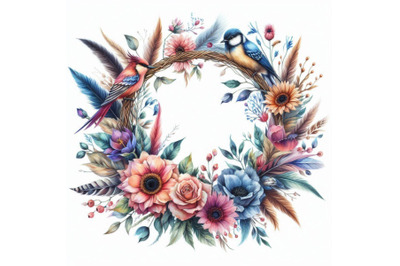 Watercolor wreath with bird feathers and flowers