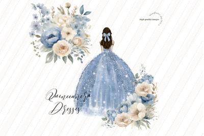 Baby Blue Princess Dress Clipart&2C; White Blue Floral