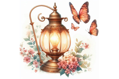 Watercolor vintage lamp with butterfly