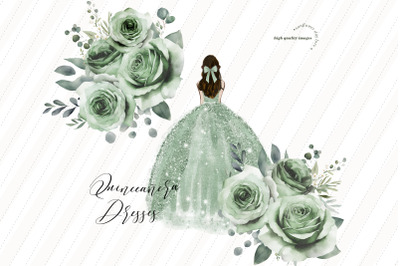 Sage Green Princess Dress Clipart&2C; Sage Green Flowers&2C; Quince clipart