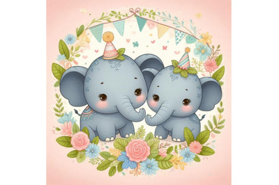 Cute couple elephant cartoon on floral backgr