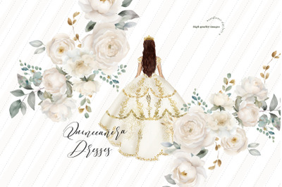 Ivory White Gold Princess Dress Clipart&2C; Ivory White Floral