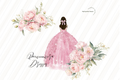 Pink Floral Princess Dress Clipart&2C; Soft Pink Flowers&2C; Blush Pink