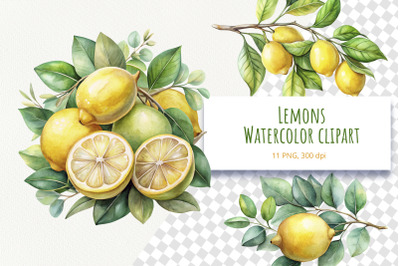 Lemons on a Branch. Watercolor Cliparts