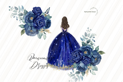 Navy Gold Glitter Princess Dress Clipart&2C; Navy Blue Floral