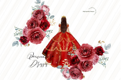 Elegant Red Miss Quince Clipart&2C; Red Floral&2C; Sweet 16th