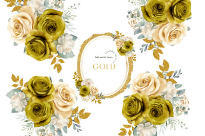 Elegant Gold Ivory Flowers Bouquets Clipart&2C; Gold Floral