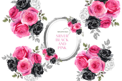 Pink Silver Roses Flowers Clipart&2C; Black Pink Floral