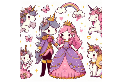 Cute Cartoon fairy tale Princess and Unicorn