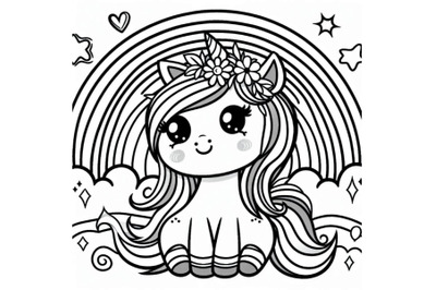 Cute Cartoon Vector Unicorn with Rainbow Coloring Page