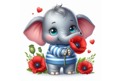 Cute Elephant Holding a Red Poppy