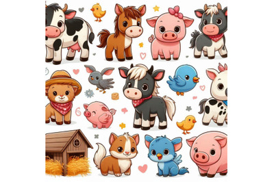 Cute farm. Big cartoon farm animals and pets for kids and child