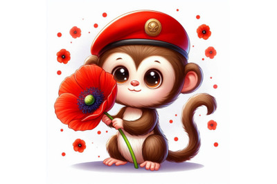 Cute Monkey Holding a Red Poppy