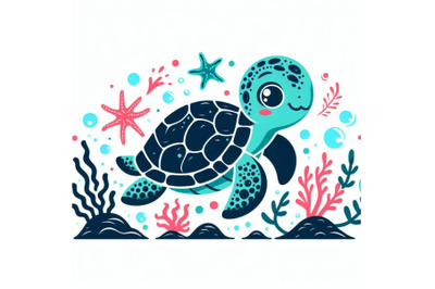 Cute sea turtle cartoon. Funny and adorable