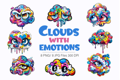 Cartoon clouds with emotions. PNG&2C; Sticker.