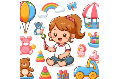 Happy cute little kid girl playing with toys