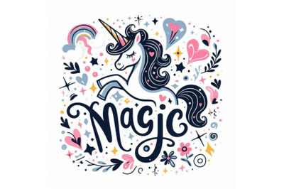 Lovely unicorn in cartoon style. Magic, lettering