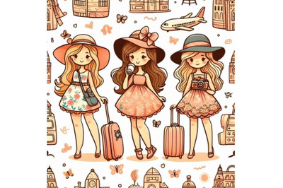 Seamless pattern with three hand drawn beautiful cute travel gi