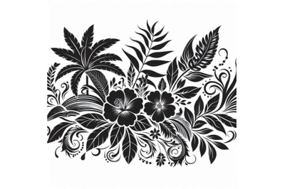 Tropical leaves and flowers on ornamental background. Floral d