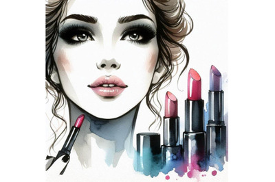 Watercolor beautiful face. woman portrait with lipstick